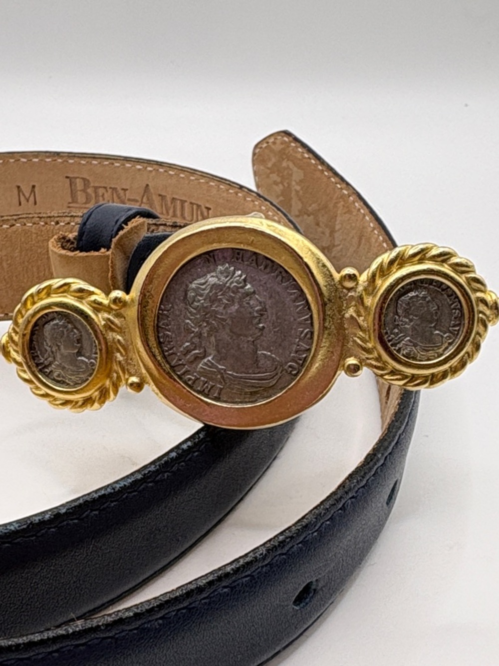 Ben-Amun Black Leather Belt with Roman Emperor Hadrian Gold Coin-Style Buckle M - Picture 6 of 10